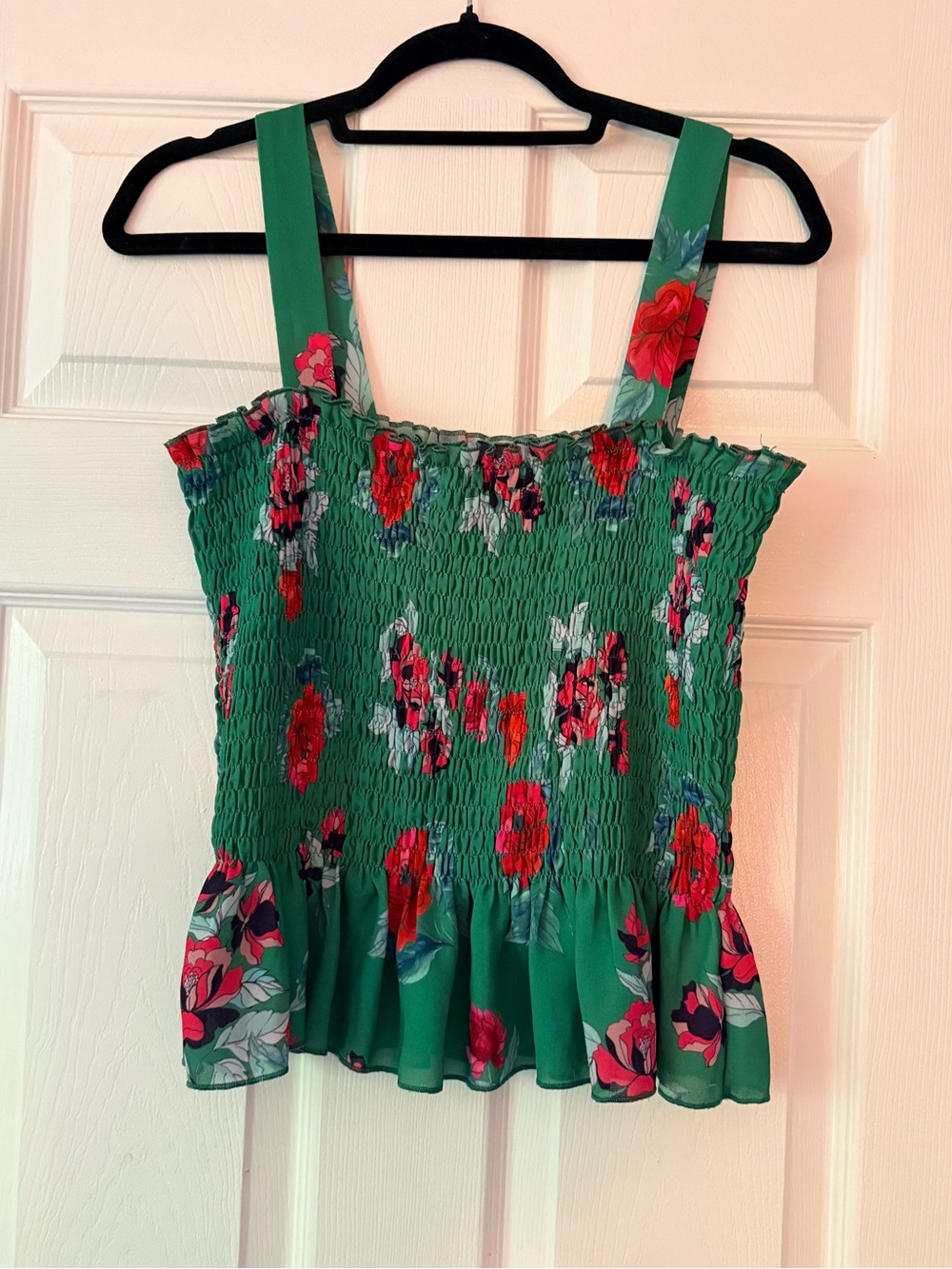 Sophie Rue by Anthropologie Green Floral Smocked Camisole with Ruffle Hem
